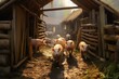Adult pigs and piglets roam by wooden pigsty in farm. Generative AI
