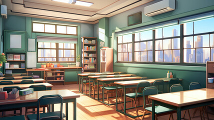 Wall Mural - A classroom with desks, chairs, and bookshelves, AI