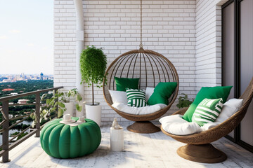 Modern cozy balcony interior design with brick wall and green furniture