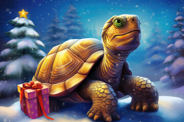 Wall Mural - funny turtle with christmas gift in the snow, magical winter art