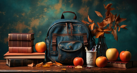 Wall Mural - A blue backpack sitting on top of a wooden table, AI
