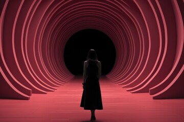 Sticker - A woman in a black dress standing in a red tunnel, AI