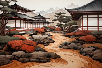 Wall Mural - A painting of a japanese garden with trees and rocks, AI