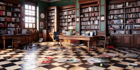 Wall Mural - A room with a checkered floor and bookshelves, AI