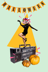 Poster - Vertical composite creative photo collage of girl with skull makeup dancing on boombox at halloween party isolated on painted background