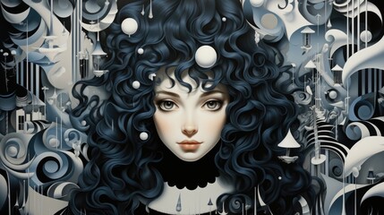 Wall Mural - A painting of a woman with black hair, AI