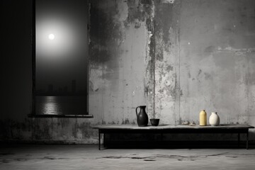 Canvas Print - A black and white photo of a table with two vases on it, AI