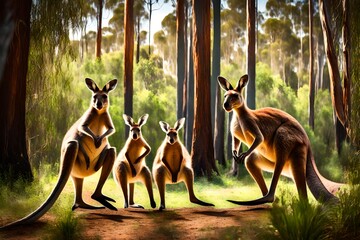 Wall Mural - four kangaroo standing in a forest with a view of sun rise