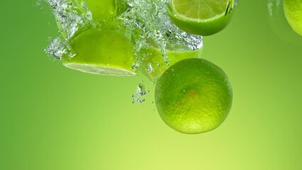 Poster - Super Slow Motion of Falling Pile of Limes Into Water, Isolated on Green Background. Filmed on High Speed Cinema Camera, 1000 fps.