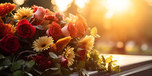 Floral Tributes Grace A Cemetery Burial, While An Evening Funeral Scene Is Adorned With Casket And Blooms