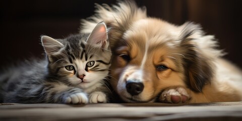 Wall Mural - Adorable puppy and kitten lying together in a loving embrace