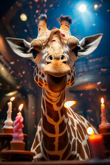 Poster - Close up of giraffe with candles in the background.