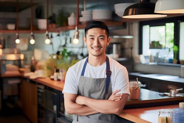 an Asian man in an apron preparing to cook in the kitchen