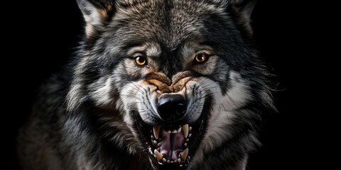Wall Mural - Front view of ferocious looking Wolf animal looking at the camera with mouth open isolated on a transparent background