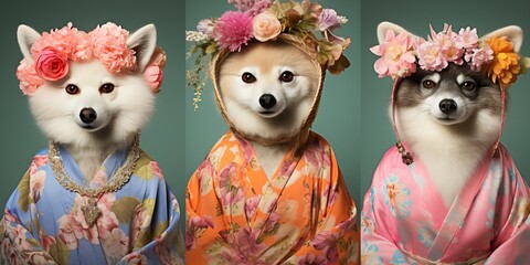 Wall Mural - The animals are dressed in Japanese kimono, character, flower
