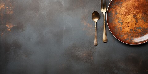 Top view of An empty plate with cutlery on a dark concrete background