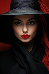 Poster - Woman with red lip and black hat on her head.