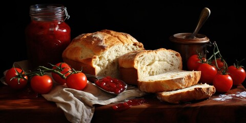 Wall Mural - A loaf of bread with tomatoes and a jar of jam.