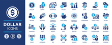 Dollar Icon Set. Money, Wallet, Payment, Bank, Fund, Earnings, Income, Currency, Business And More. Collection Of Solid Icons, Vector Illustration Pack.