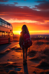 Wall Mural - Woman with backpack walking towards bus at sunset.