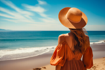 Wall Mural - Woman in hat looking out at the ocean from the beach.