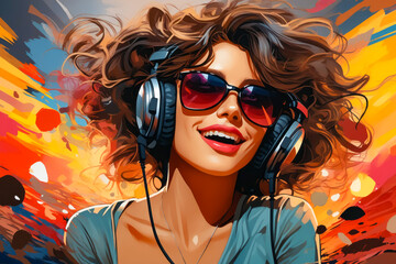 Sticker - Woman wearing headphones and sunglasses with fire background.