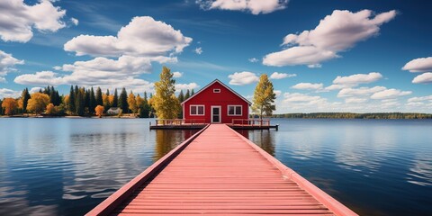Sticker - A wooden dock leading to a red building on a lake.