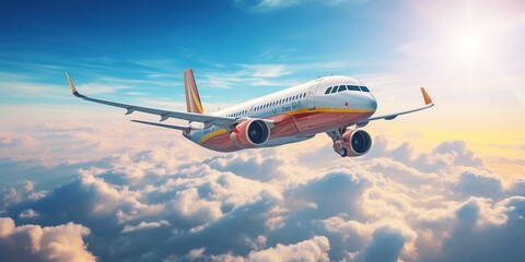 Sticker - Airplane flying above amazing clouds in clear blue sky with rainbow and sun rays. Concept of traveling, vacation and travel by air transport. Beautiful sky background.