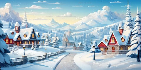 Canvas Print - Christmas holiday landscape. Cute houses beautifully decorated with Christmas garlands in a snow - covered Alpine ski resort with New Year tree.