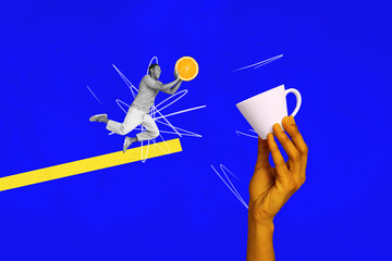 Canvas Print - Creative composite photo abstract collage of active funny man throw orange like ball in big white cup isolated on blue color background