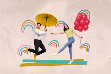 Sticker - Creative composite photo collage of funny positive man girl hold parasol helium bubbles celebrate birthday isolated on drawing background