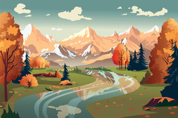 Wall Mural - background autumn in the mountains in the flat cartoon design. this illustration of autumn in the mo