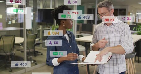 Wall Mural - Animation of notification bars over diverse coworkers standing and discussing in office