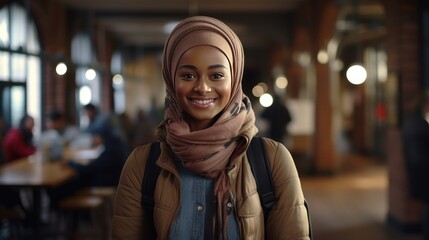 beautiful Muslim girl in hijab smiling, standing in cafe or office.