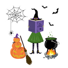 Witch With A Book By The Fire Brews A Potion In A Cauldron. Pumpkin And Broom, Spider, Cobweb, Bats