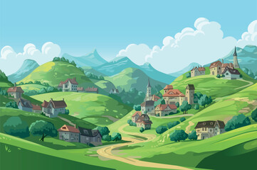 Wall Mural - background village in the mountains in the flat cartoon design. the illustration captures the charm 