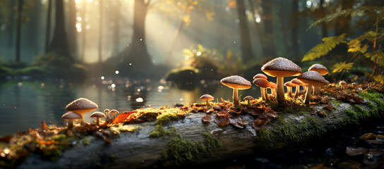 Wall Mural - Autumn seasonal background, little mushrooms growing on a tree trunk in wet moss, on forest floor beside a pond, under rain drops and autumnal sun - Fall season magical ambience