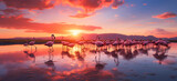 Fototapeta  - flamingos standing in shallow water at sunset with pink sky.