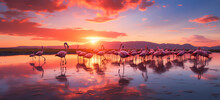 Flamingos Standing In Shallow Water At Sunset With Pink Sky.