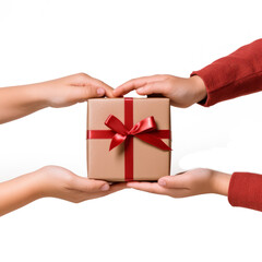 Hands holding gift box. Top view of woman hands giving present box. Isolated on transparent background