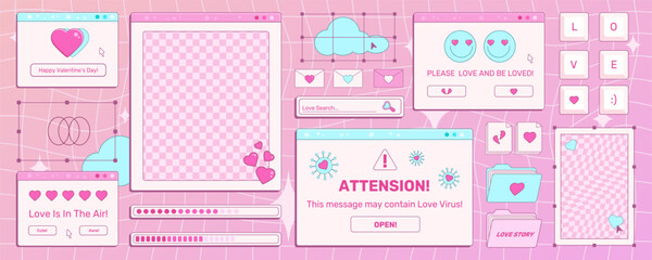 Wall Mural - Set of screens of an old retro PC in the y2k style with greetings on a Valentine's Day holiday. Retro backgrounds, opened pc windows. Pink vintage computer interface with hearts and text, vector art.