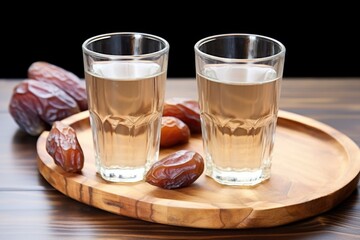 two cups of water and dates arranged symmetrically on a table