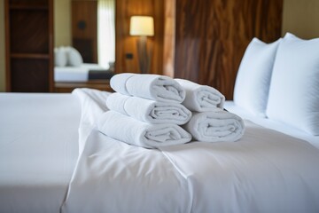 Poster - neatly folded hotel bathrobes on a king-sized bed