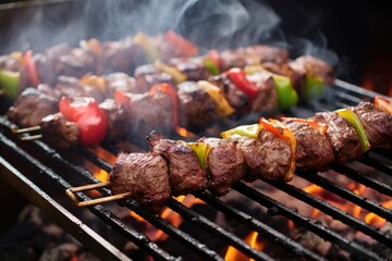 turkish kebabs on a grill with smoke