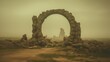 Ancient round stone portal gateway, monolithic ruins structure undiscovered for millennia, situated in remote desert landscape, fantasy dimensional rift going to unknown worlds. 