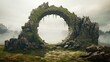 Ancient round stone portal gateway, monolithic ruins structure undiscovered for millennia, situated in remote misty mountains, fantasy dimensional rift going to unknown worlds. 