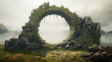 Ancient Round Stone Portal Gateway, Monolithic Ruins Structure Undiscovered For Millennia, Situated In Remote Misty Mountains, Fantasy Dimensional Rift Going To Unknown Worlds. 