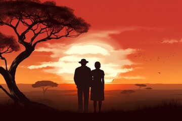 Wall Mural - silhouette of senior couple looking at sunset at safari trip in Africa
