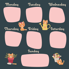 Weekly Cute Cats Calendar. Weekly Planner Template. Organizer With Cute Kittens And Gardening Concept. Vector Illustration
