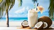 Tropischer Pina Colada Cocktail mit Kokosnuss und Sonnenschein